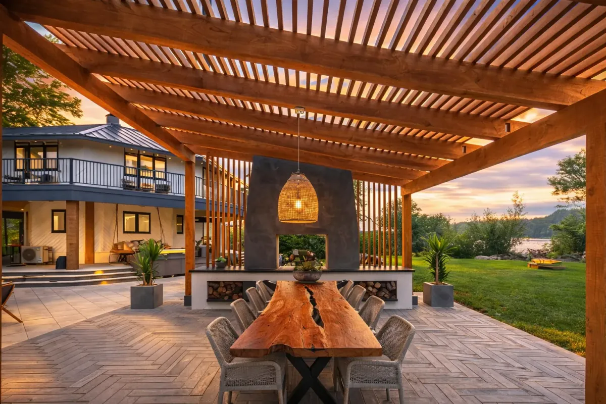 Custom wood pergola with exposed beams