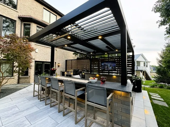 Luxury louvered pergola system for a residential patio