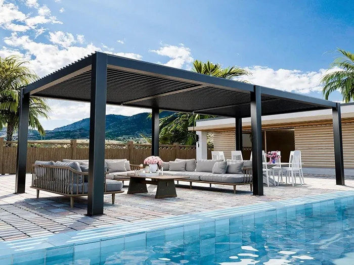 Modern aluminum pergola installed over an outdoor living area