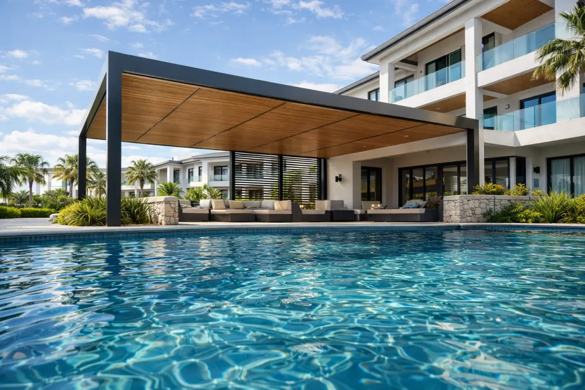 Large custom pergola for an outdoor hospitality area
